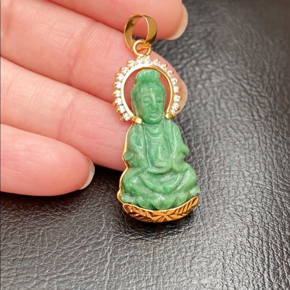 14K Real Gold Guanyin Kwan Yin Buddha Jade Pendant - Picture 6 of 10